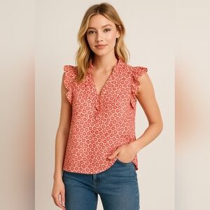 FRNCH Paris Floral Ruffle Sleeveless Top, Pink Red, Size L
